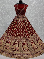 Fantastic Maroon Zari Embroidery Velvet Bridal Wear Lehenga Choli