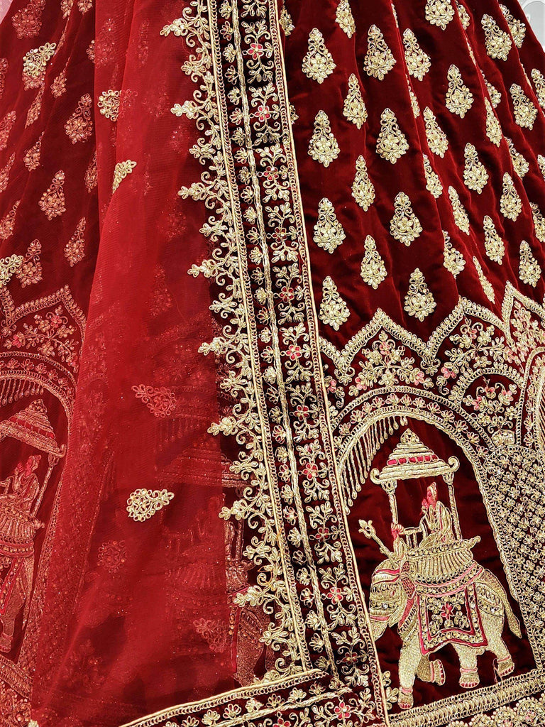 Fantastic Maroon Zari Embroidery Velvet Bridal Wear Lehenga Choli