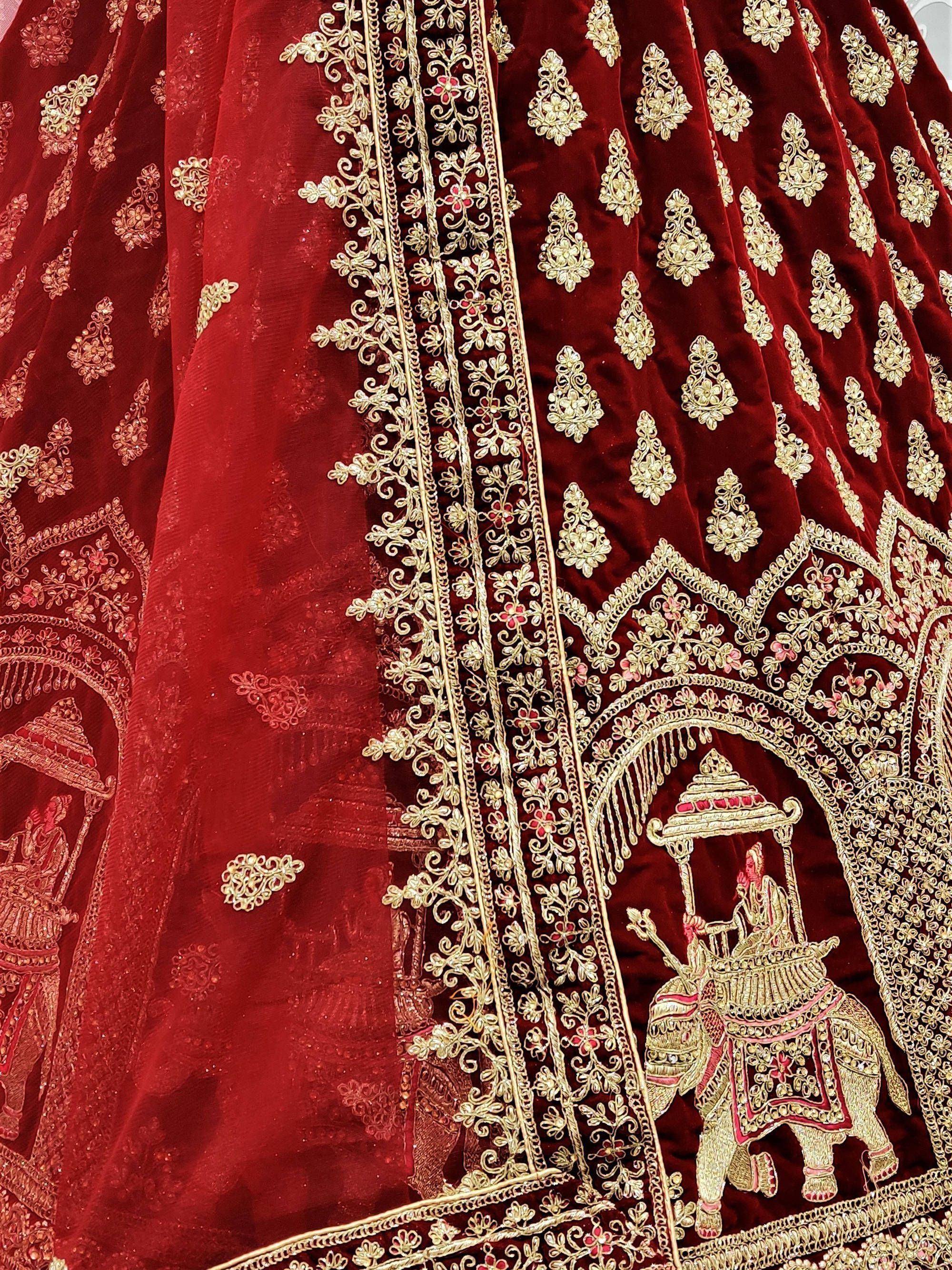 Red velvet lehenga with gold elephant embroidery and floral zari work, Indian ethnic wear