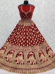 Charismatic Red Zari Embroidery Velvet Bridal Wear Lehenga Choli
