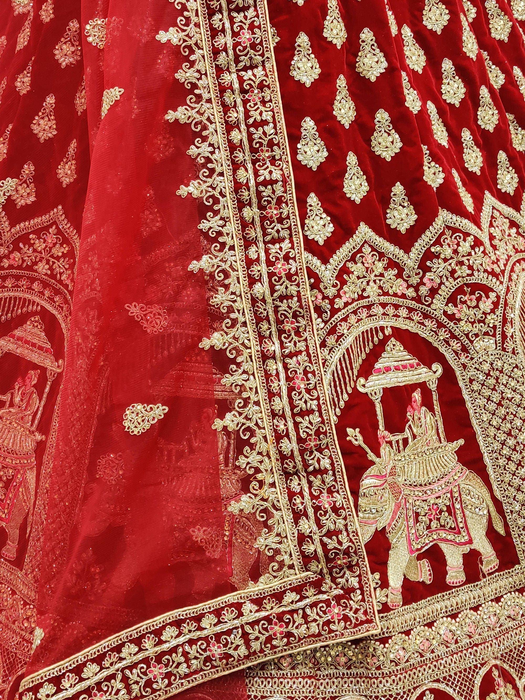 Red velvet lehenga with gold elephant embroidery and floral zari work, Indian ethnic wear