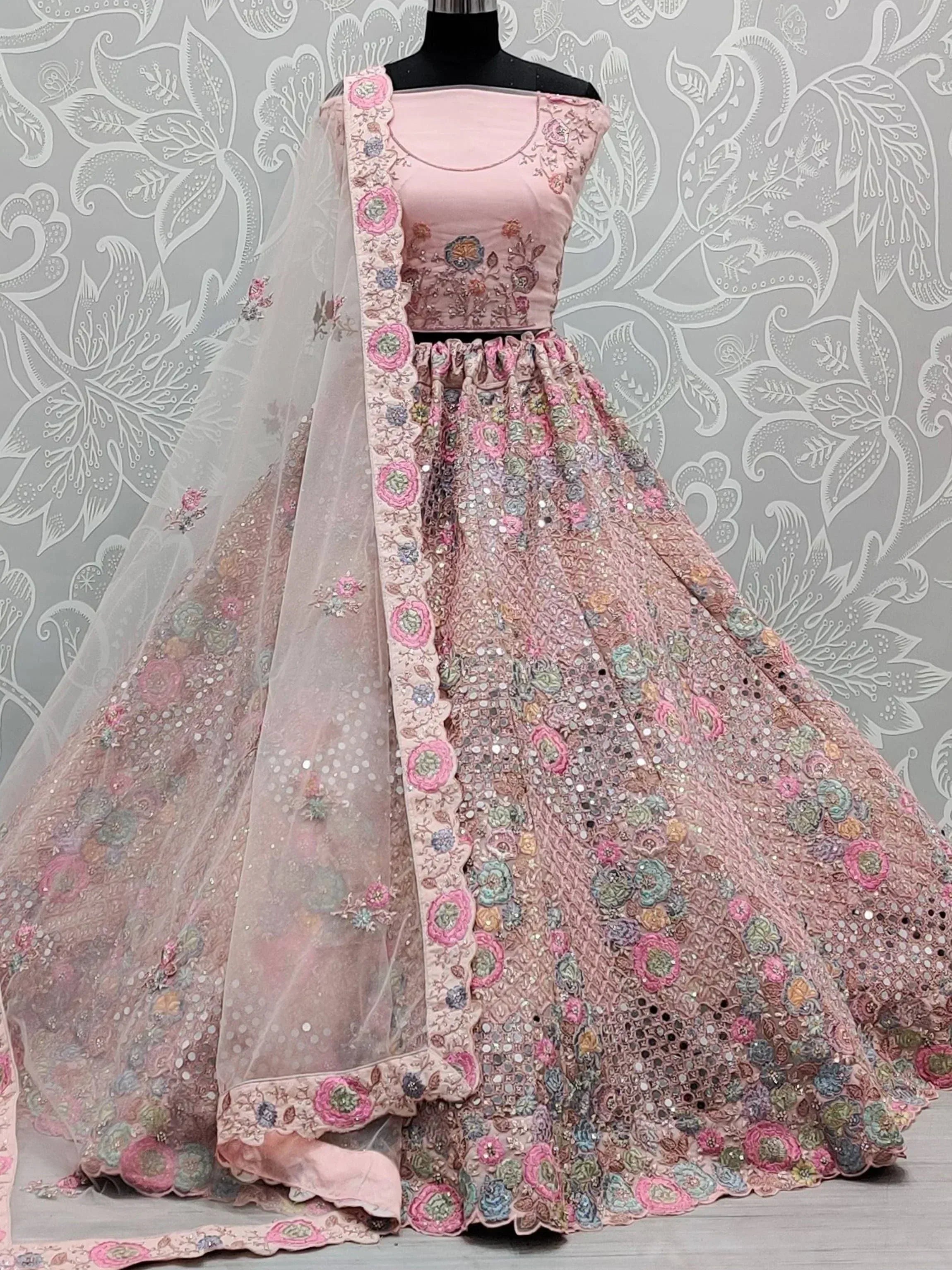 Pink floral embroidered lehenga choli with net dupatta, Indian ethnic wear for weddings and parties