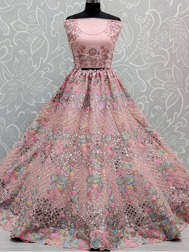 Invaluable Pink Sequins Embroidered Net Wedding Wear Lehenga Choli