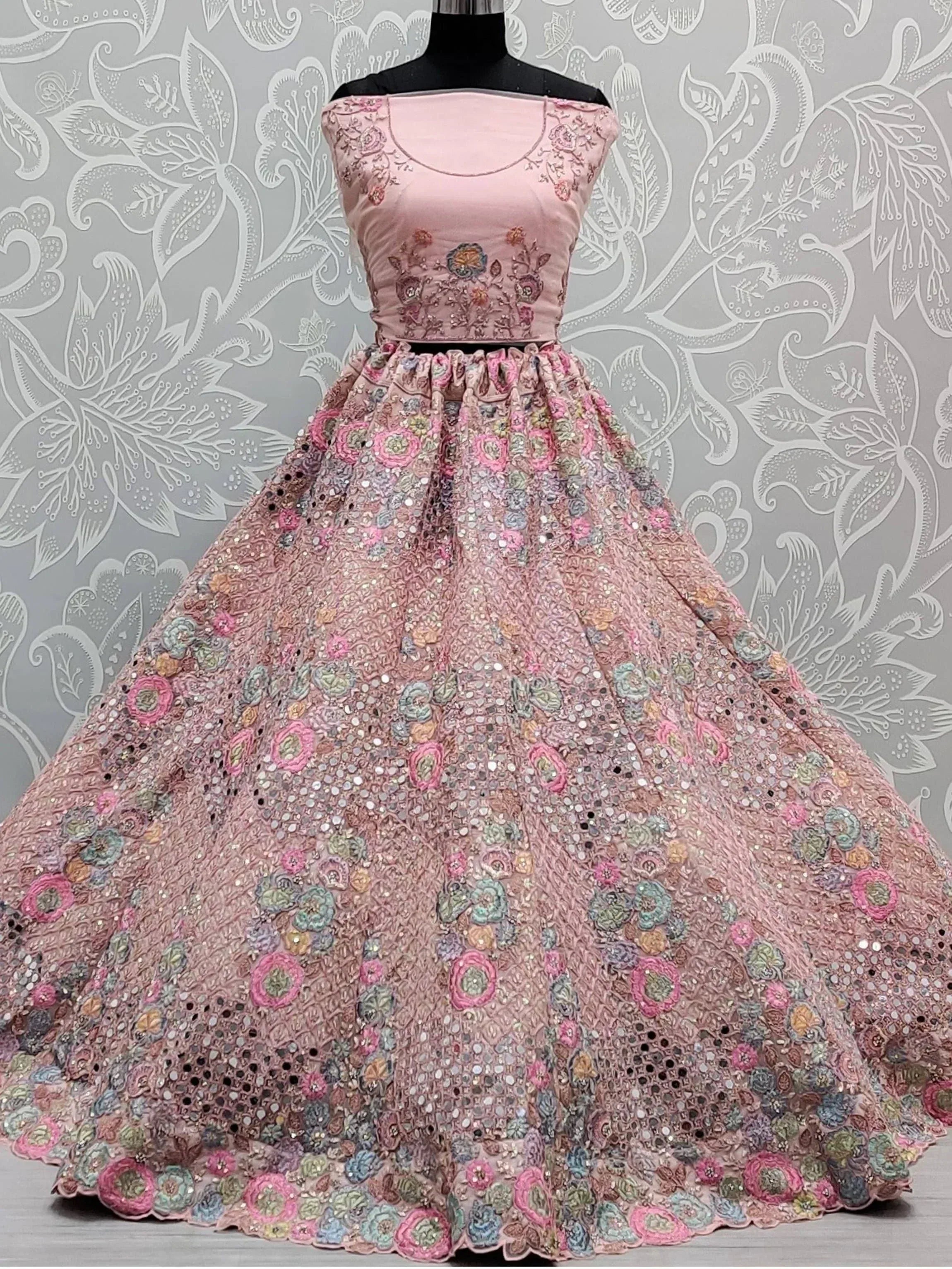 Pink floral embroidered lehenga choli with sequins, perfect for Indian ethnic wear and festive occasions.