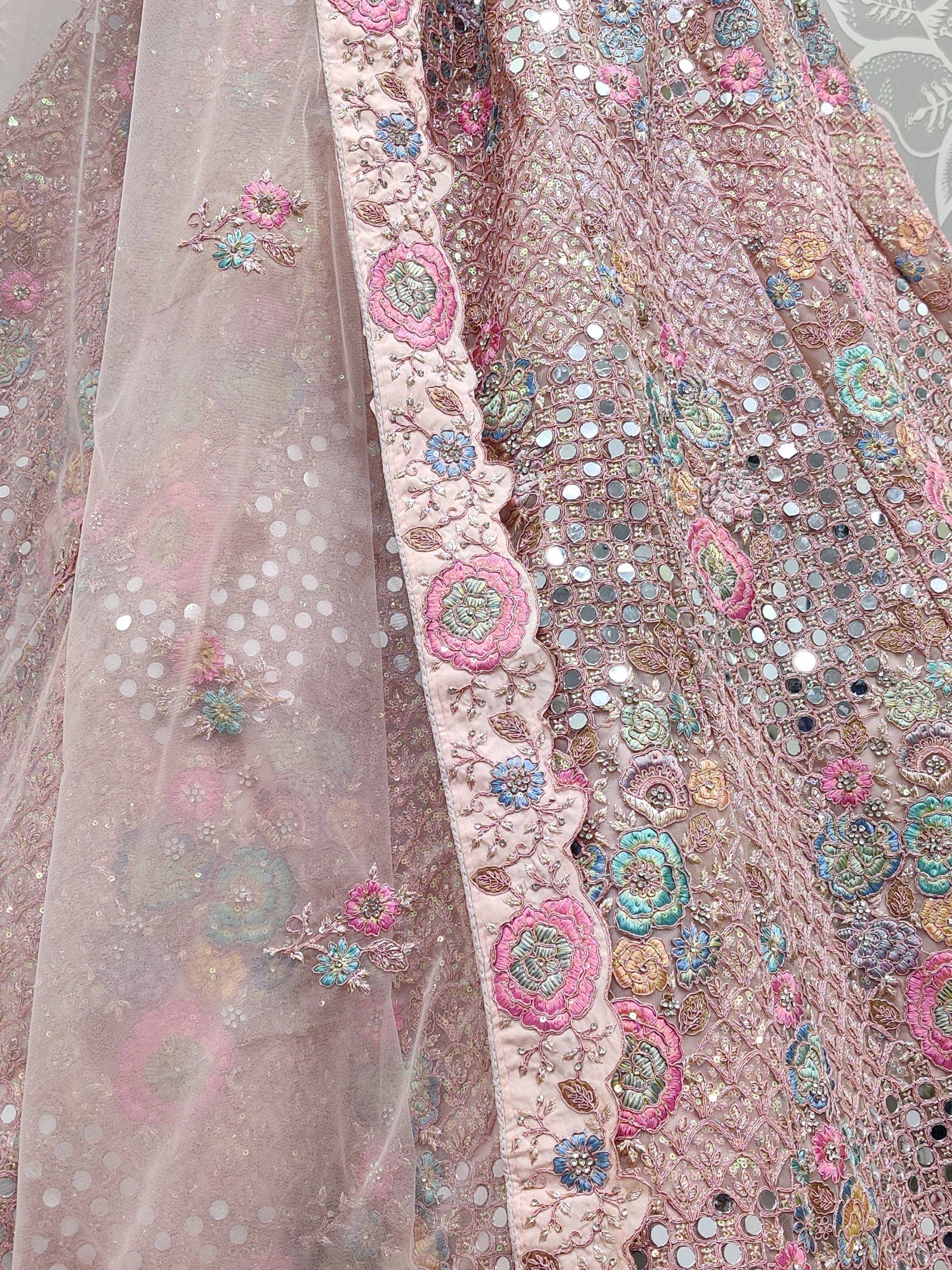 Pink floral embroidered lehenga with mirror work and sheer dupatta, Indian ethnic wear