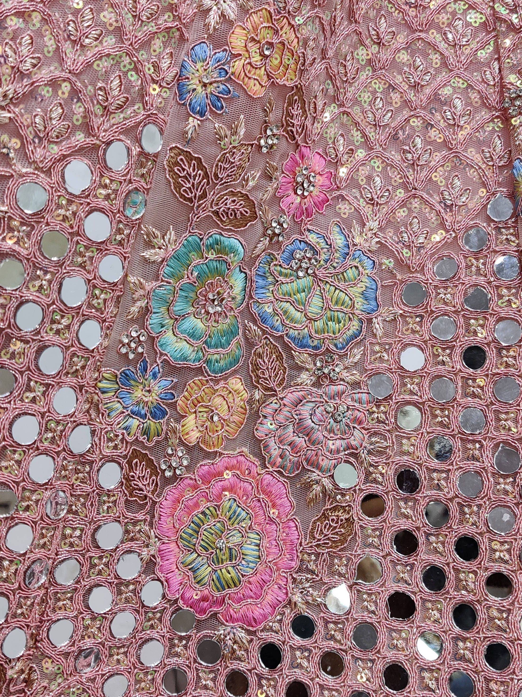 Pink floral embroidered fabric with mirror work and sequins for ethnic wear