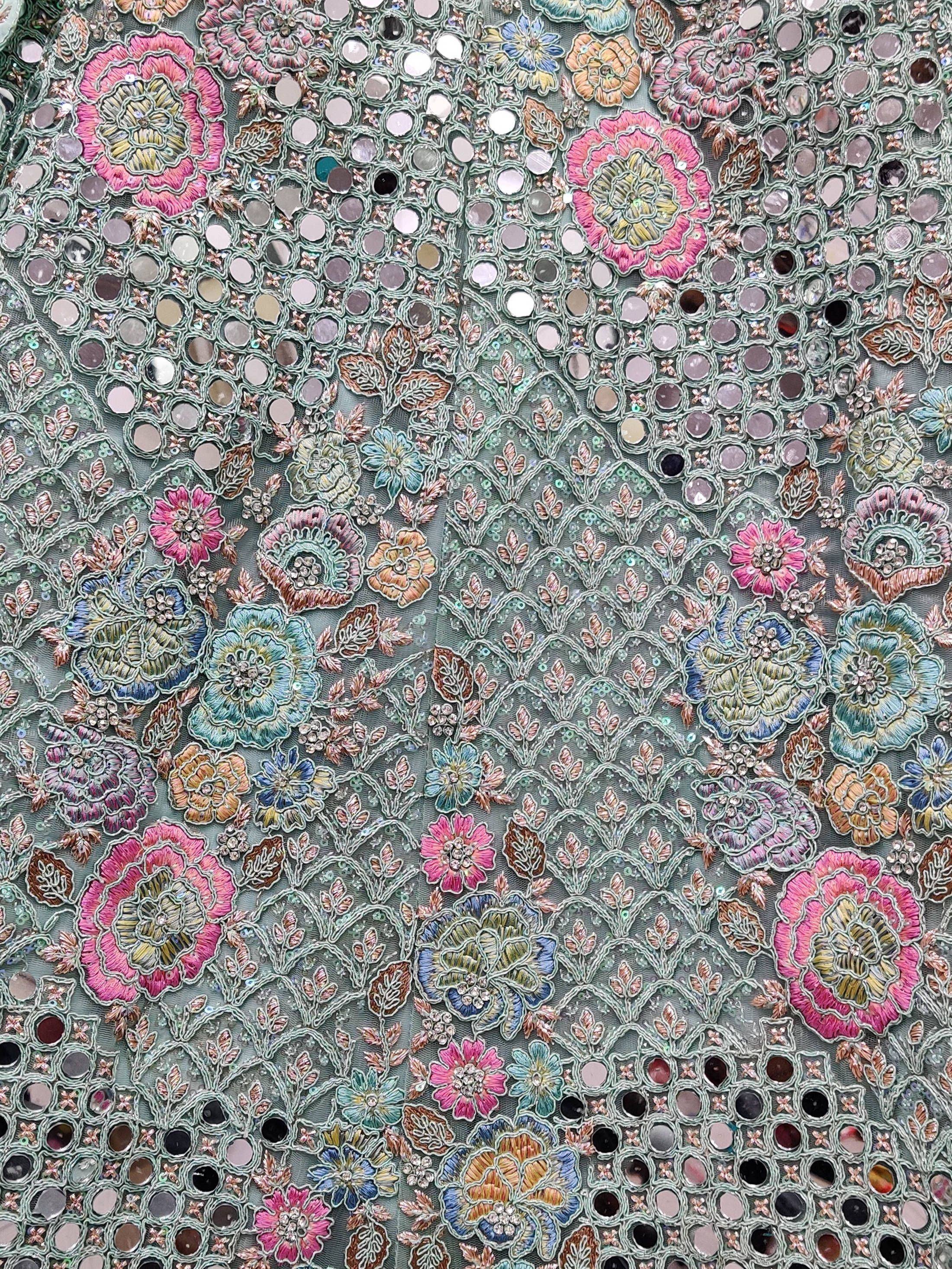 Floral embroidered ethnic fabric with mirror work and sequins for designer lehenga or saree
