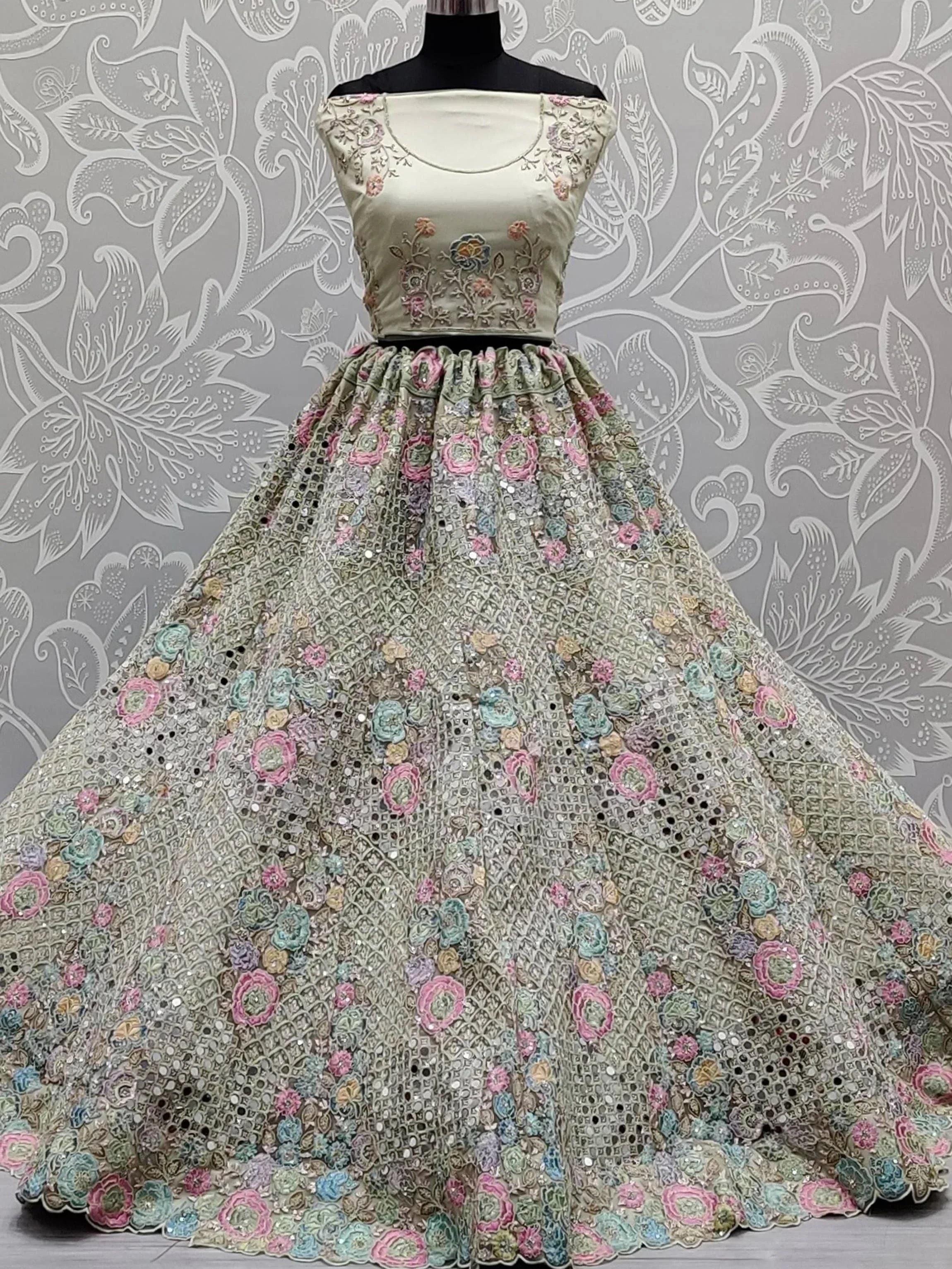Designer lehenga choli with floral embroidery and sequins, Indian ethnic wear for weddings and parties