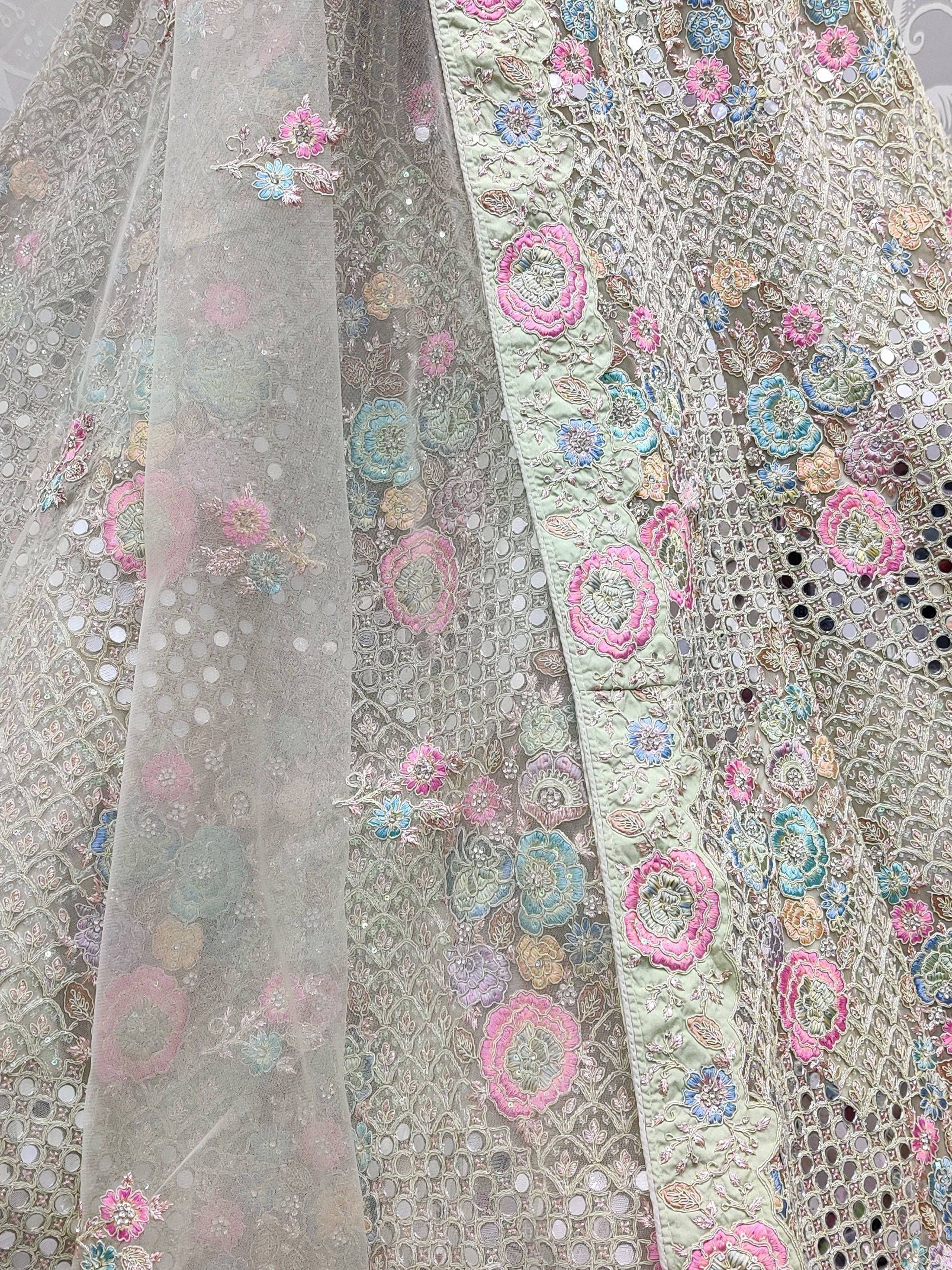 Floral embroidered lehenga with mirror work and sheer dupatta, Indian ethnic wear