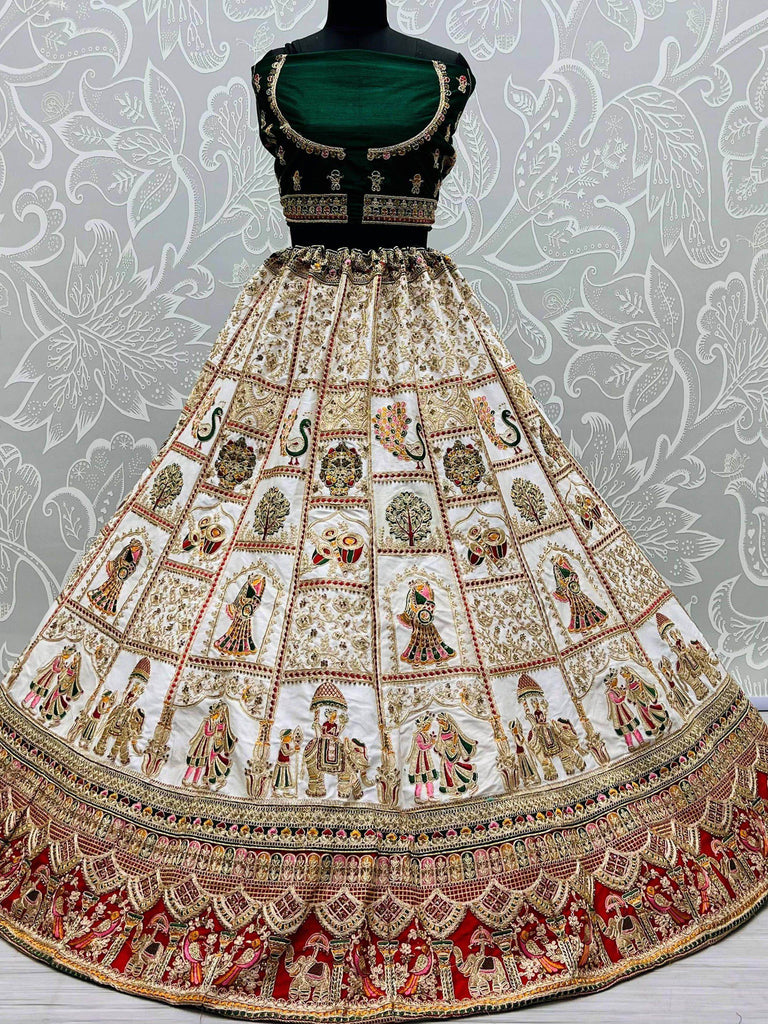 Outstanding White & Green Embroidered Silk Bridal Panetar Lehenga Choli
