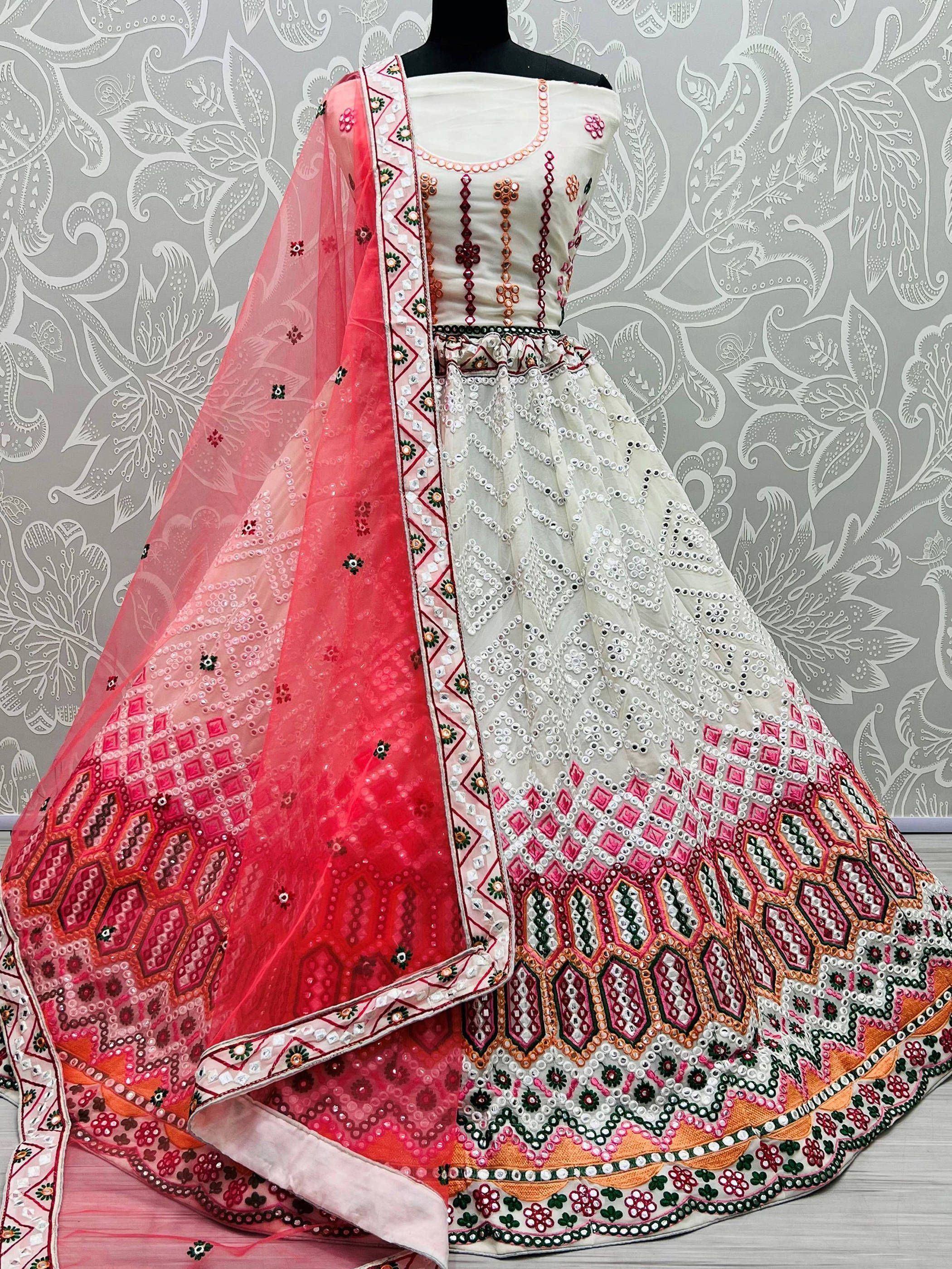 White and pink embroidered lehenga choli with mirror work and matching dupatta, Indian ethnic wear