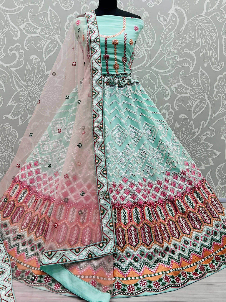 Fantastic Sky Blue Foil Work Georgette Party Wear Lehenga Choli