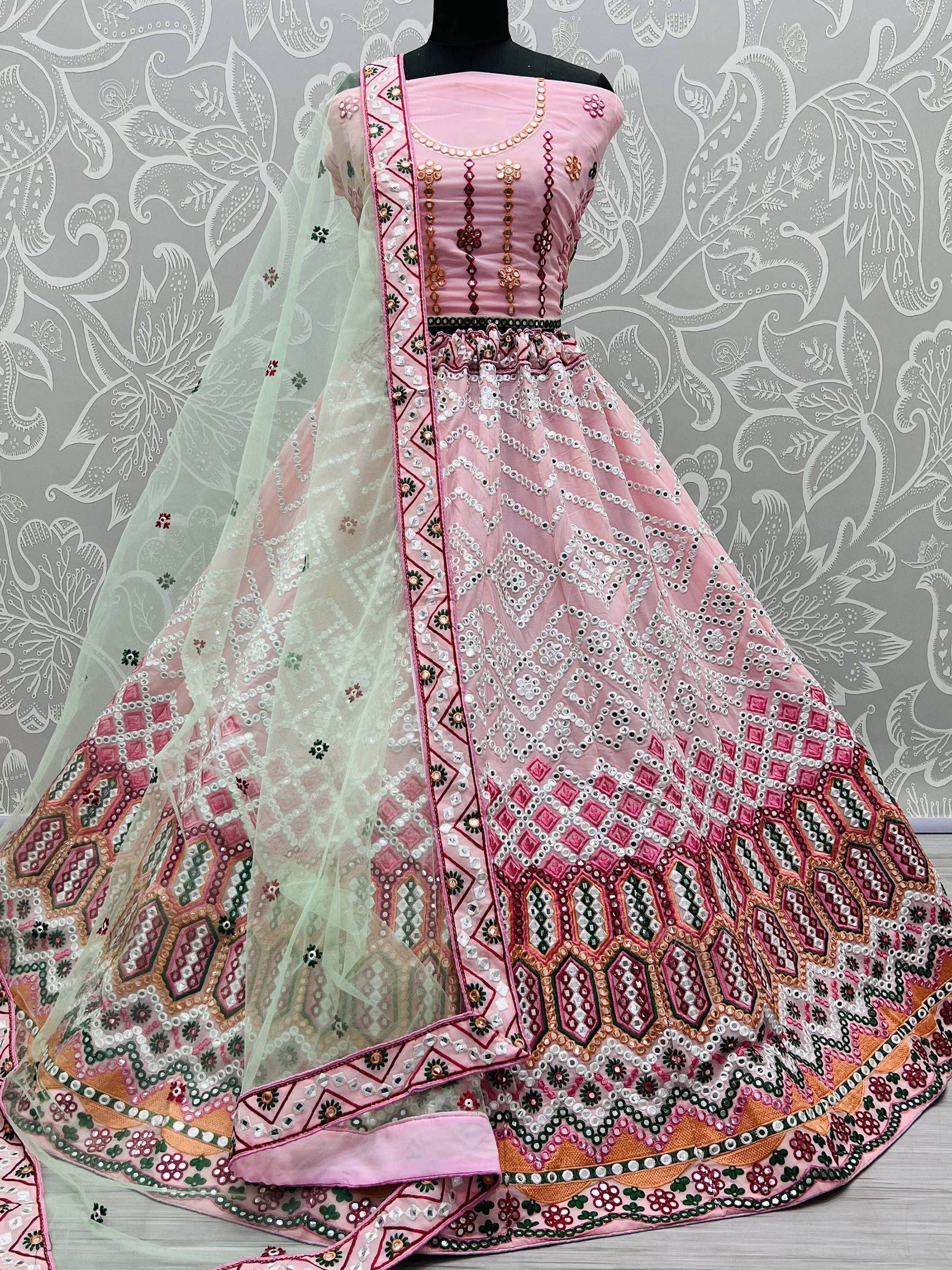 Pink designer lehenga choli with mirror work and mint dupatta, ethnic Indian wear