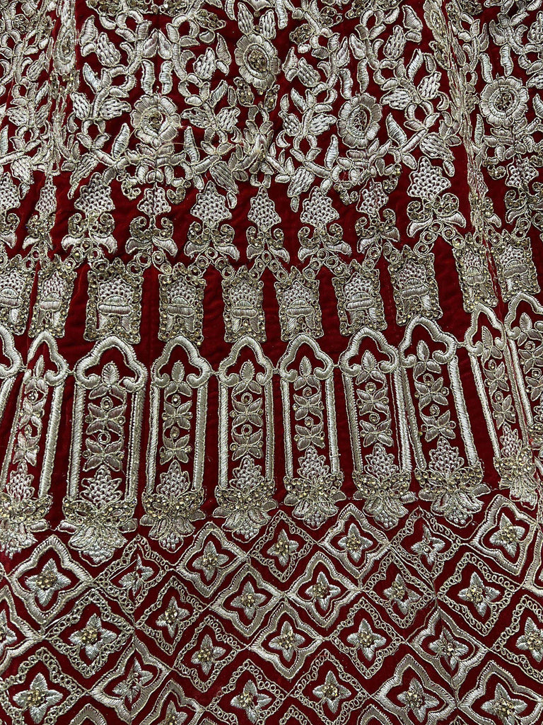 Awesome Red Zari Embroidery Velvet Bridal Wear Lehenga Choli