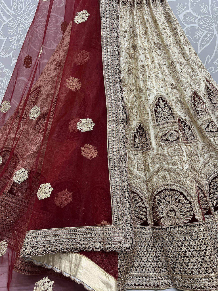 Excellent Beige Dori Embroidered Silk Bridal Wear Lehenga Choli