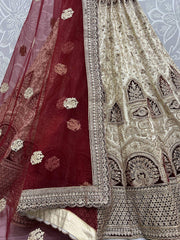 Excellent Beige Dori Embroidered Silk Bridal Wear Lehenga Choli