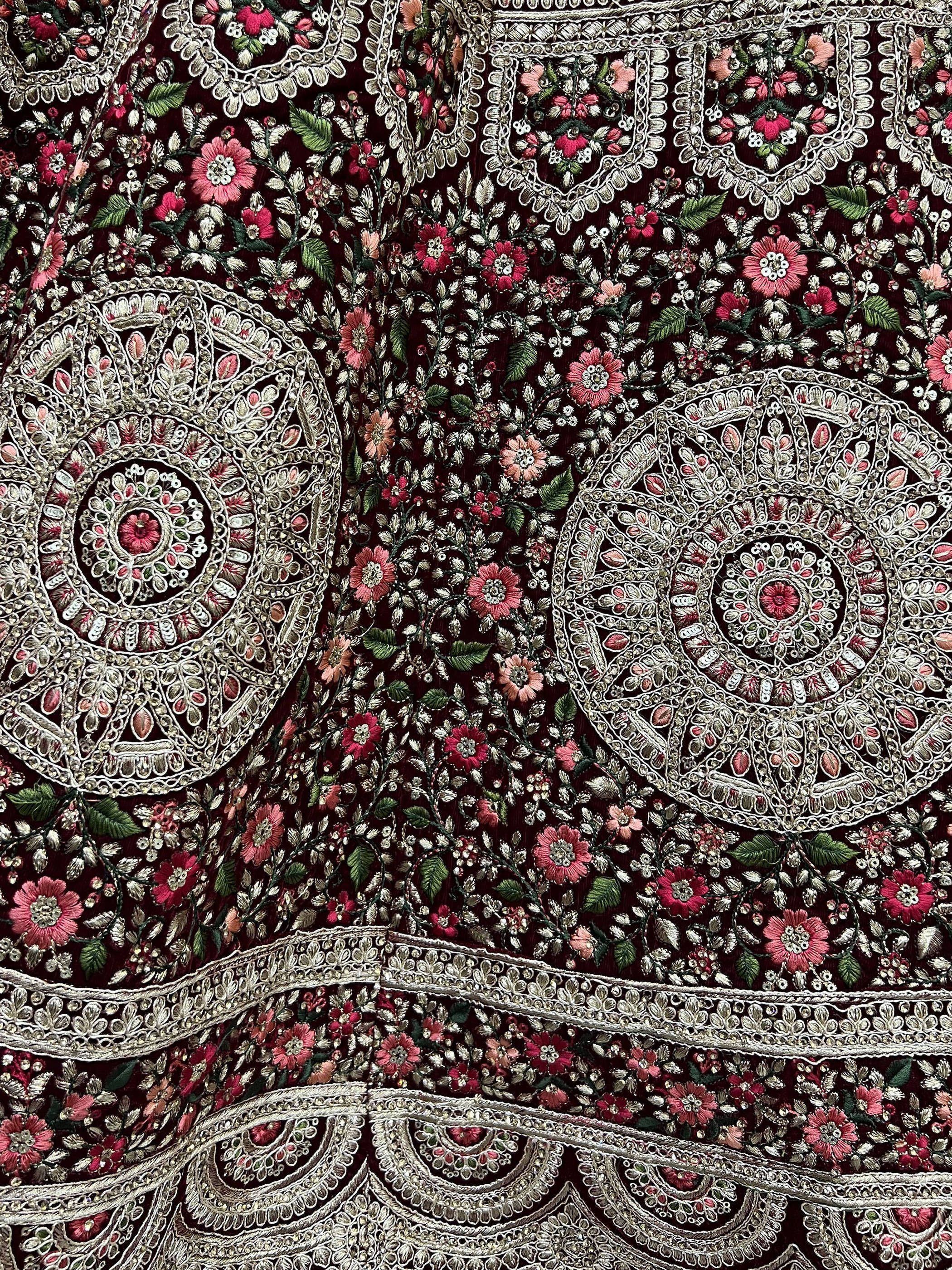 Good-looking Maroon Thread Diamond Velvet Bridal Lehenga Choli