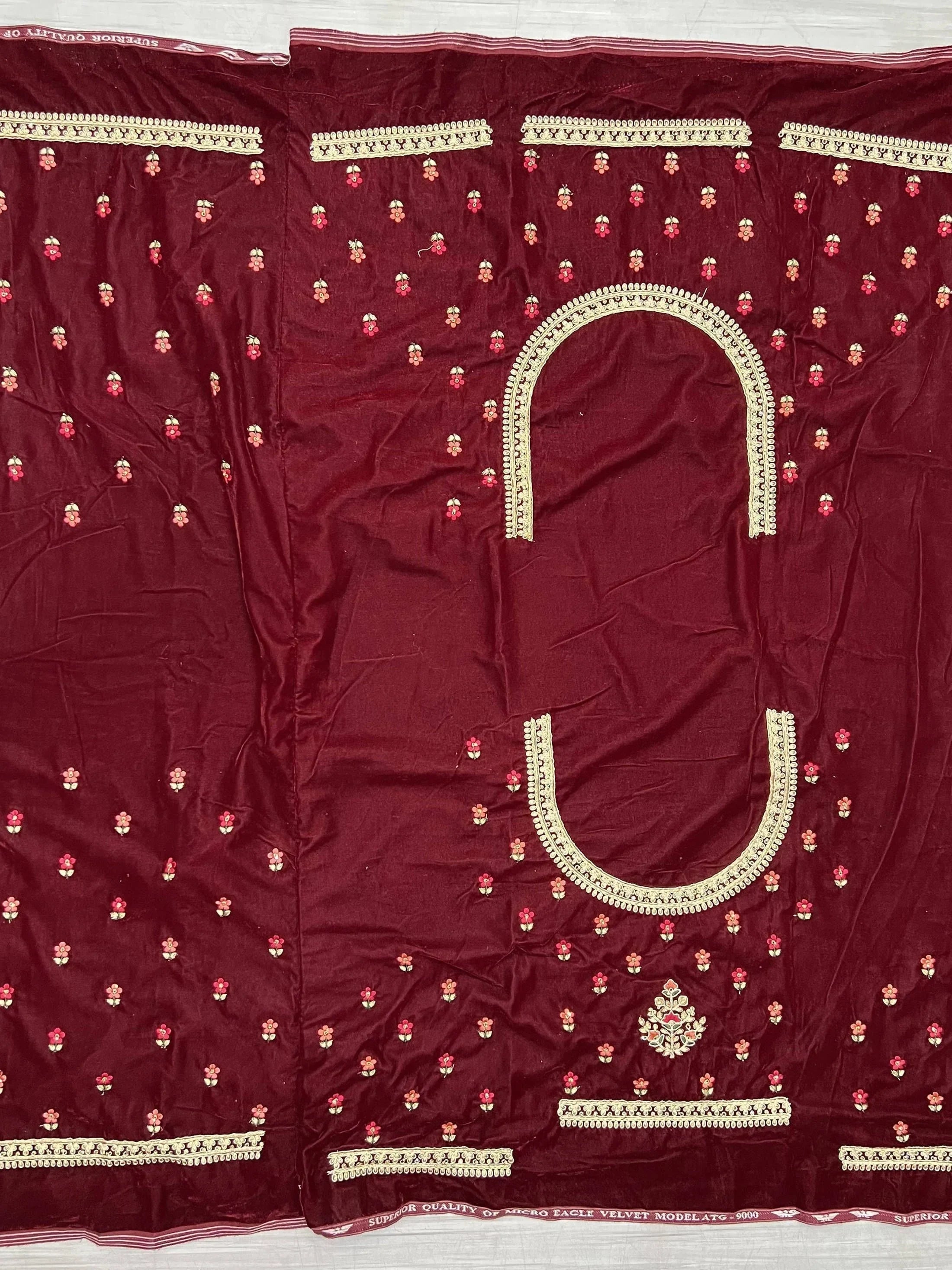 Good-looking Maroon Thread Diamond Velvet Bridal Lehenga Choli