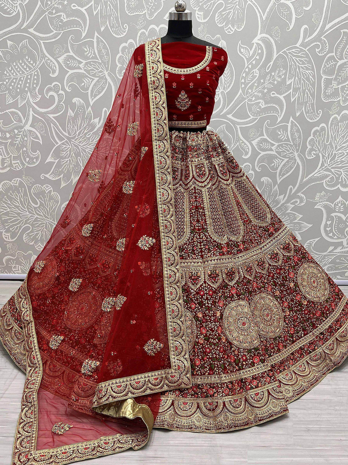 Beautiful Red Thread Diamond Velvet Bridal Lehenga Choli