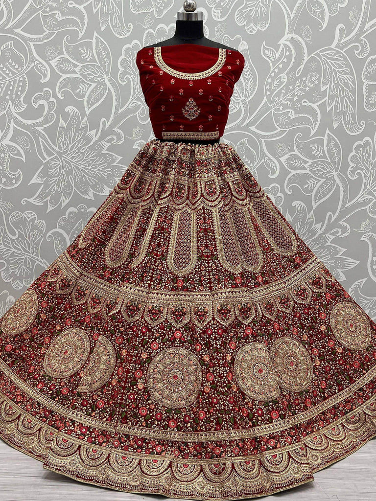 Beautiful Red Thread Diamond Velvet Bridal Lehenga Choli