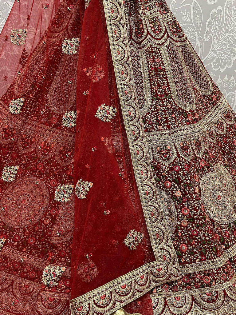 Beautiful Red Thread Diamond Velvet Bridal Lehenga Choli