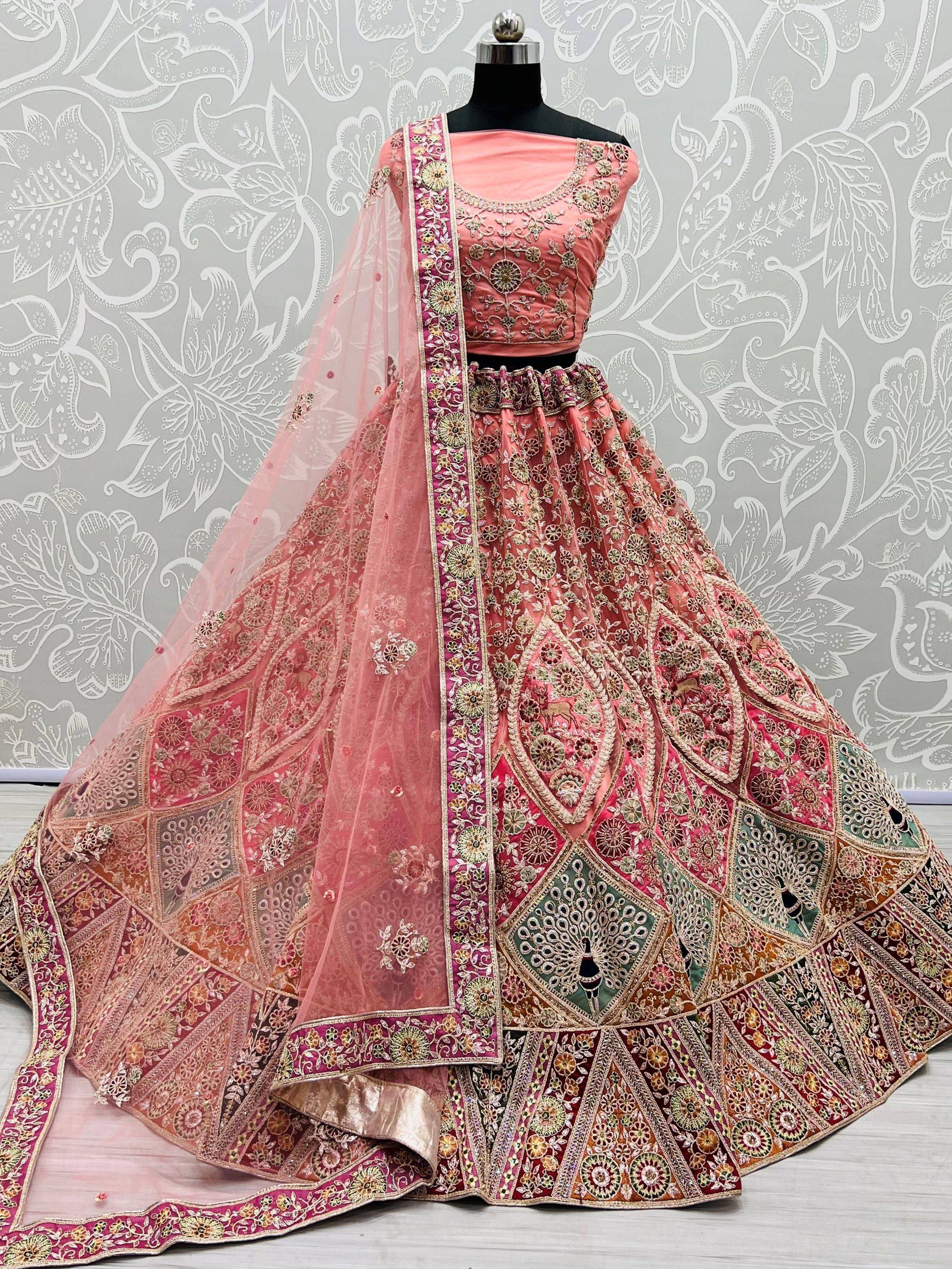 Pink embroidered lehenga choli with floral motifs and dupatta, Indian ethnic wear