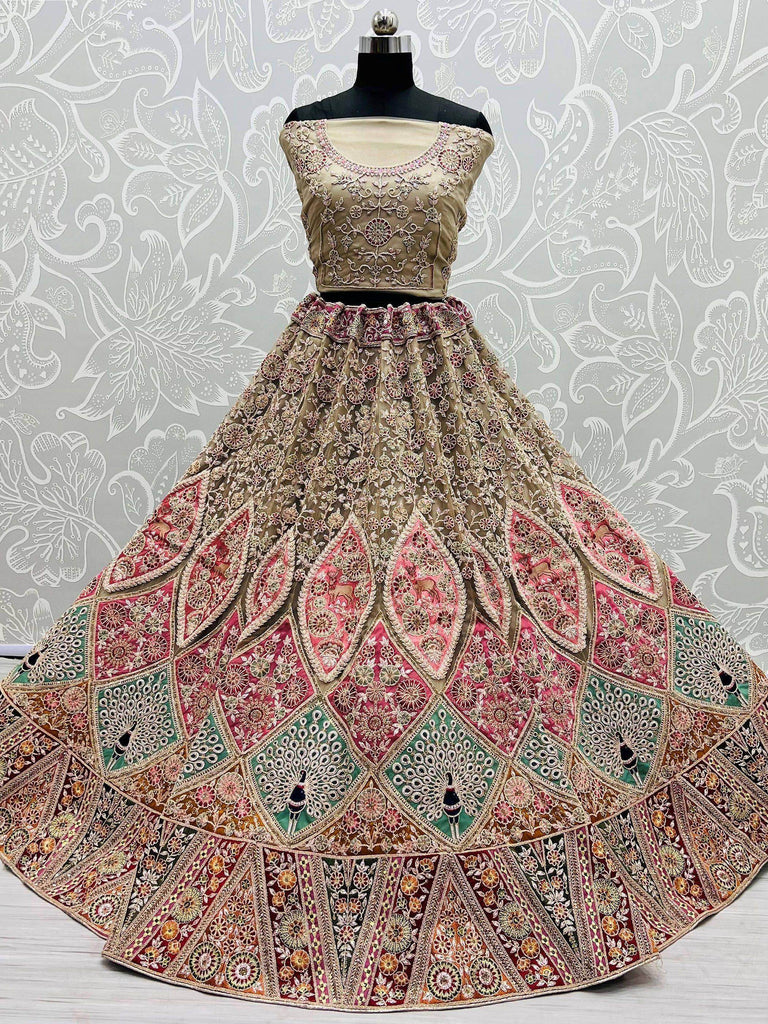 Stunning Sage Green Patch Work Net Bridal Wear Lehenga Choli