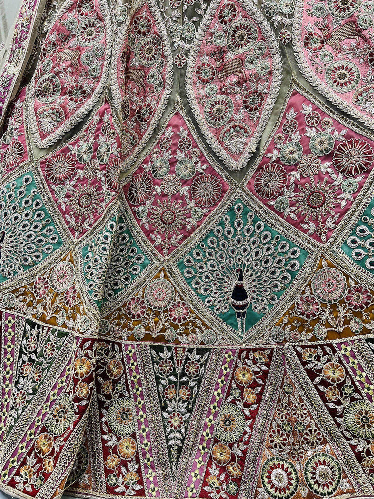 Stunning Sage Green Patch Work Net Bridal Wear Lehenga Choli