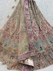 Stunning Sage Green Patch Work Net Bridal Wear Lehenga Choli