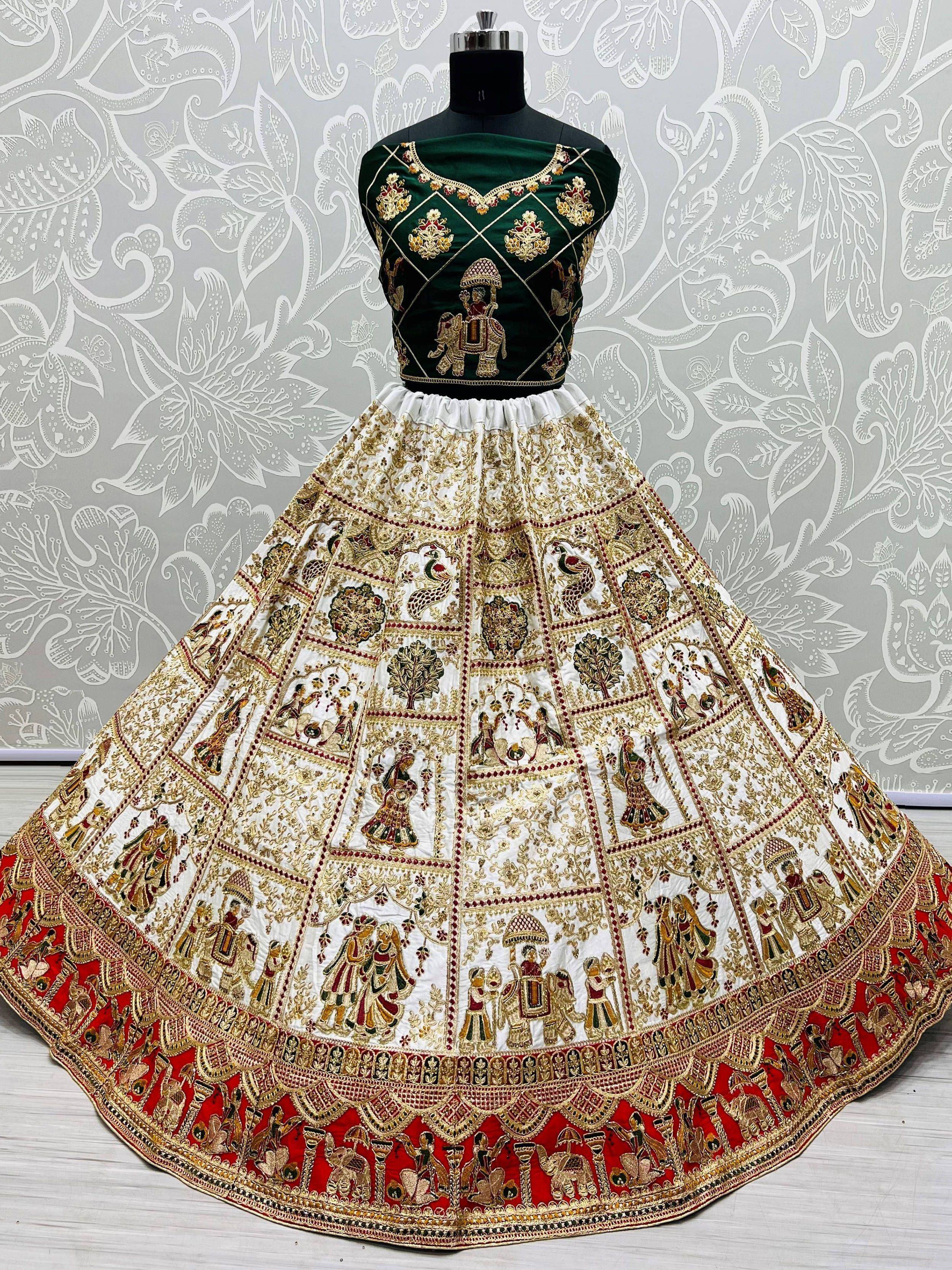 Green and white embroidered lehenga choli with elephant and peacock motifs, Indian ethnic wear