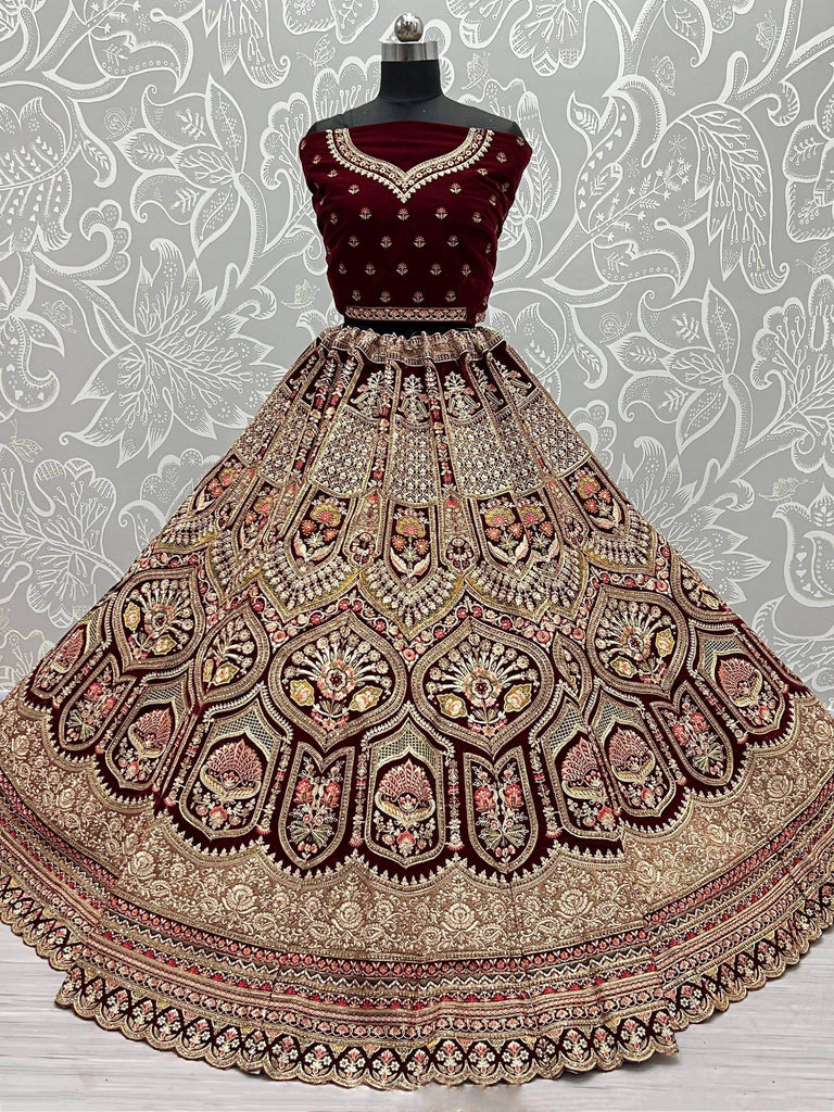 Classic Maroon Velvet Embroidered Bridal Lehenga With Net Dupatta