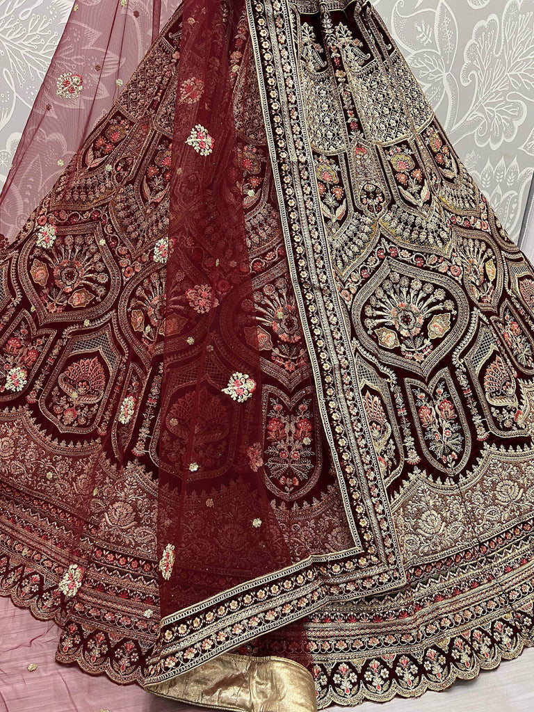 Classic Maroon Velvet Embroidered Bridal Lehenga With Net Dupatta