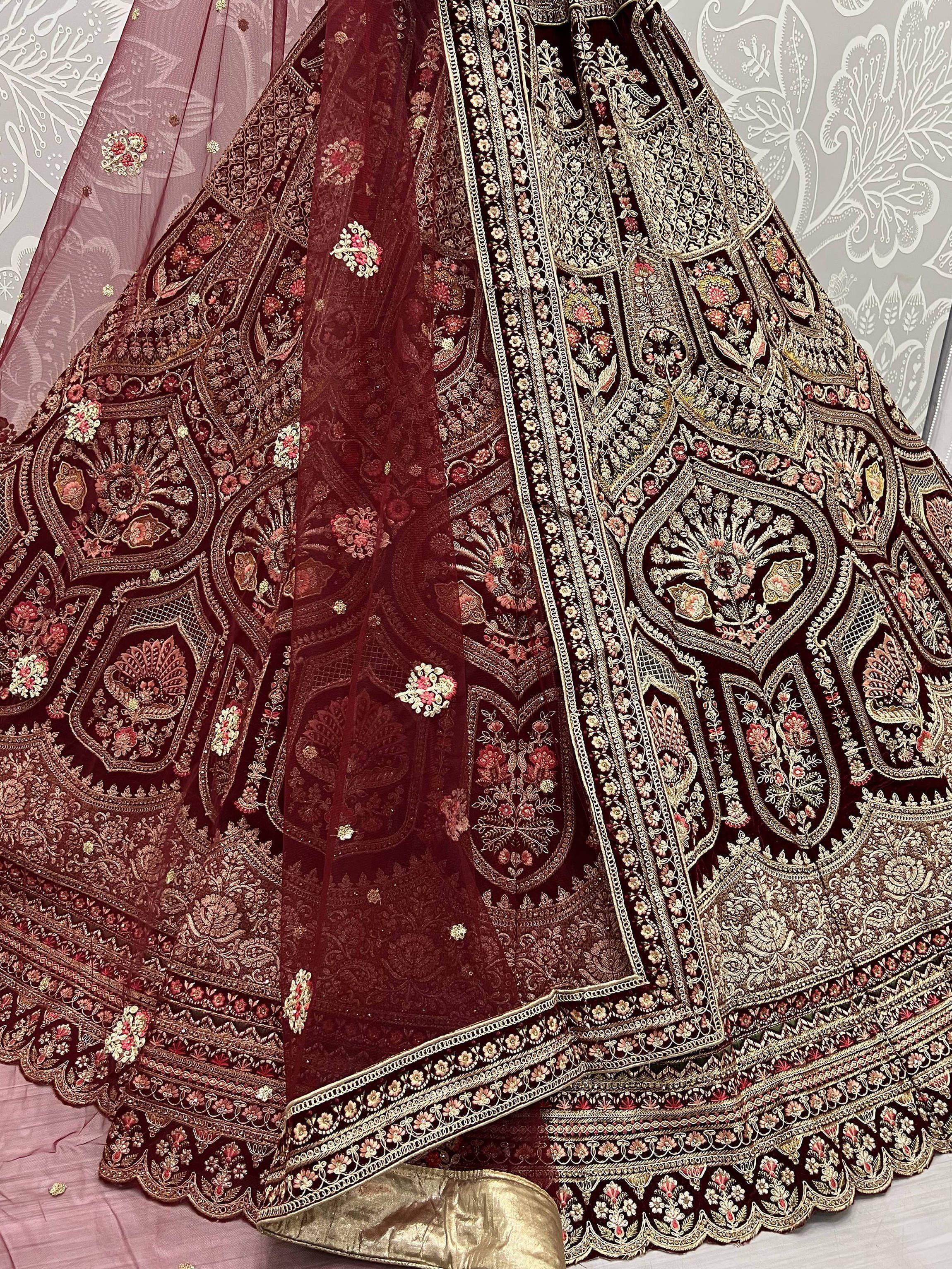 Classic Maroon Velvet Embroidered Bridal Lehenga With Net Dupatta