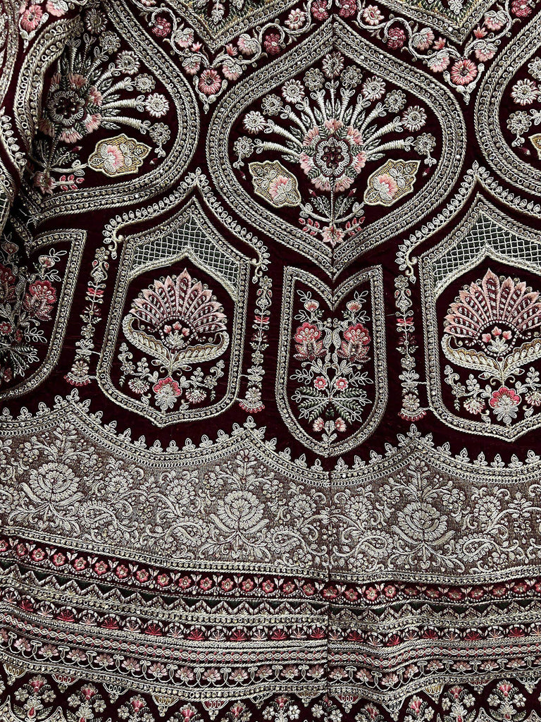 Classic Maroon Velvet Embroidered Bridal Lehenga With Net Dupatta