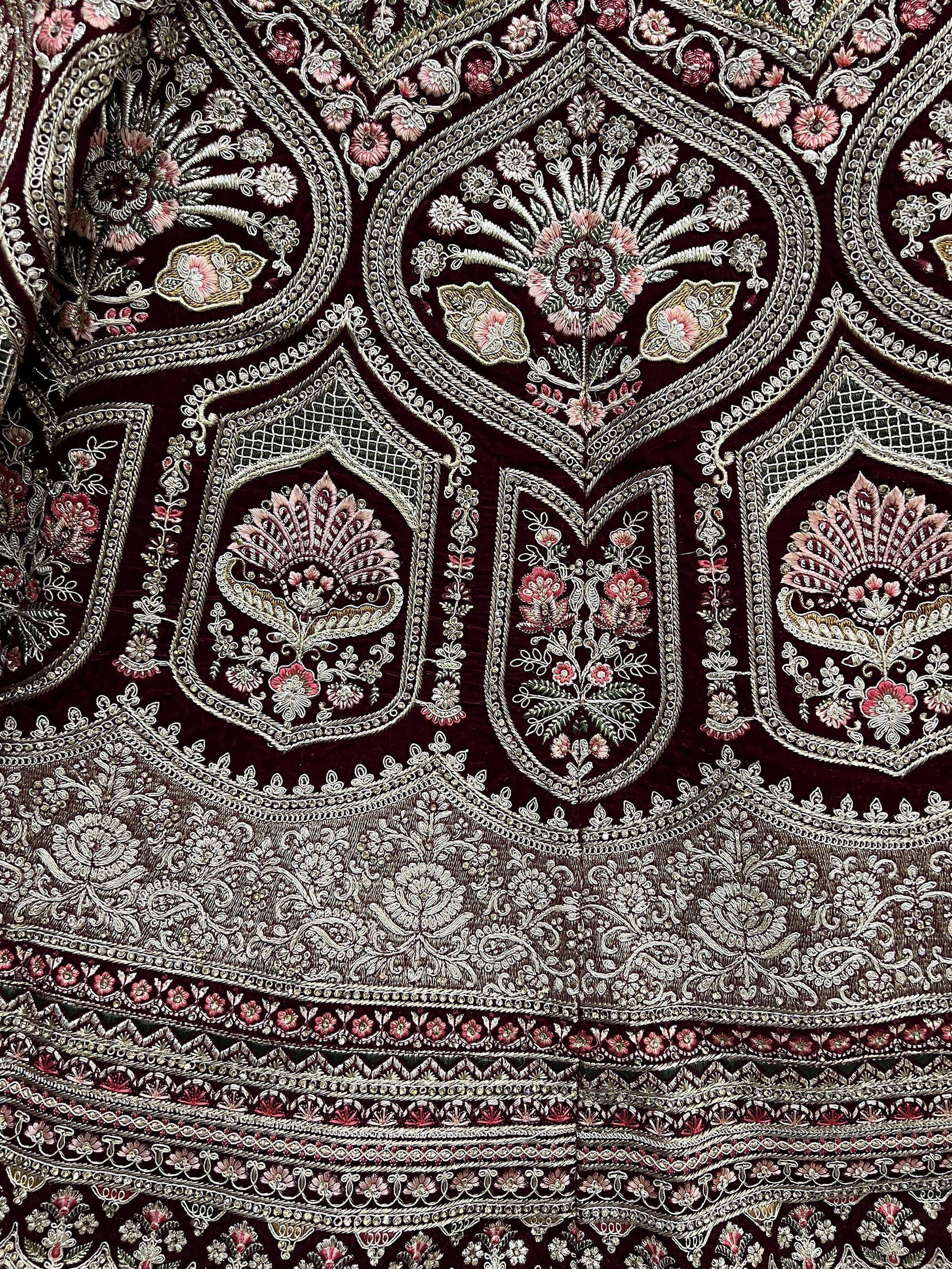Classic Maroon Velvet Embroidered Bridal Lehenga With Net Dupatta