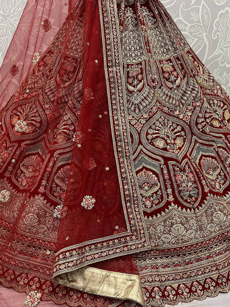Hot Rose Red Velvet Embroidered Bridal Wear Lehenga Choli