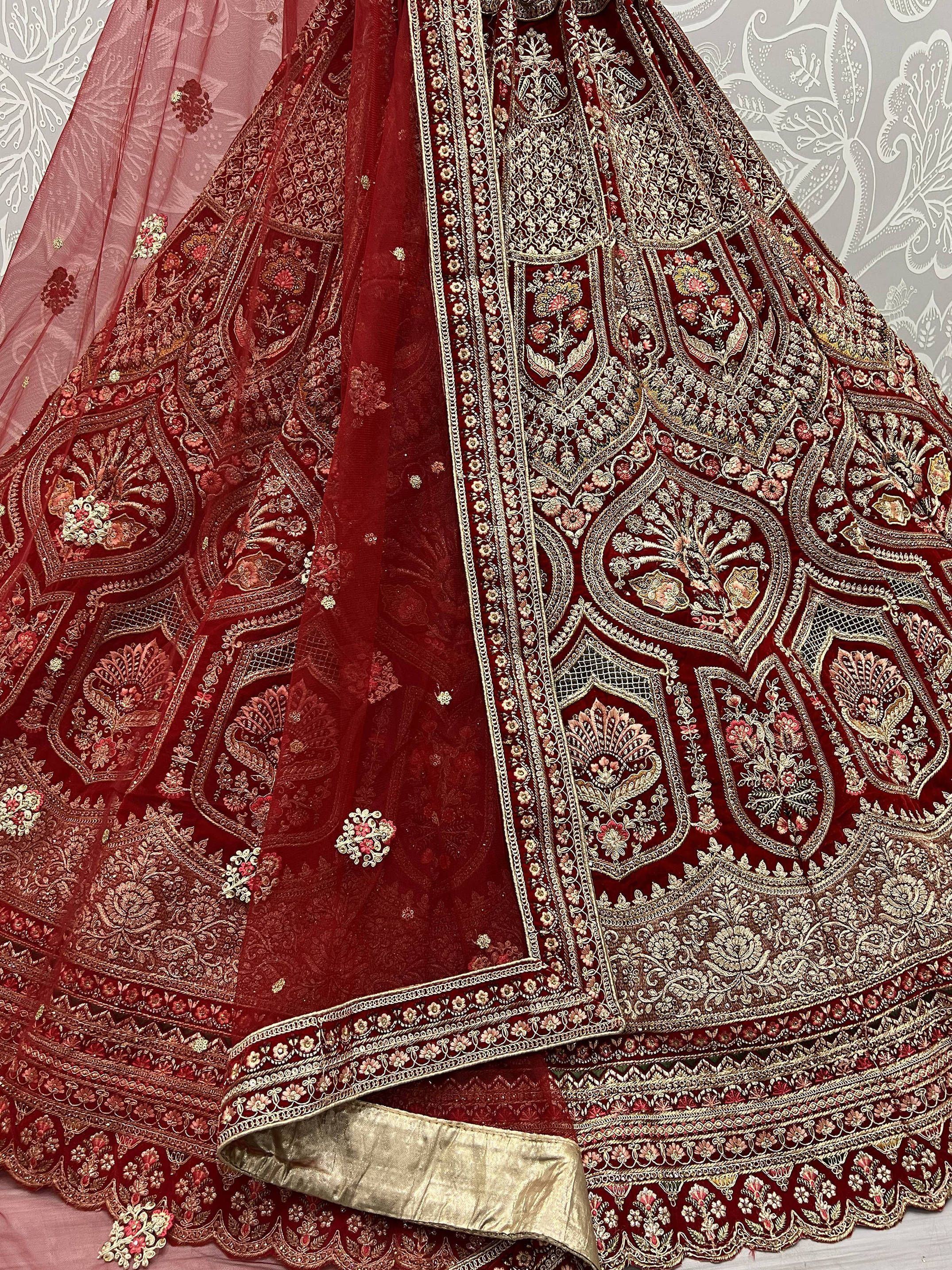 Hot Rose Red Velvet Embroidered Bridal Wear Lehenga Choli