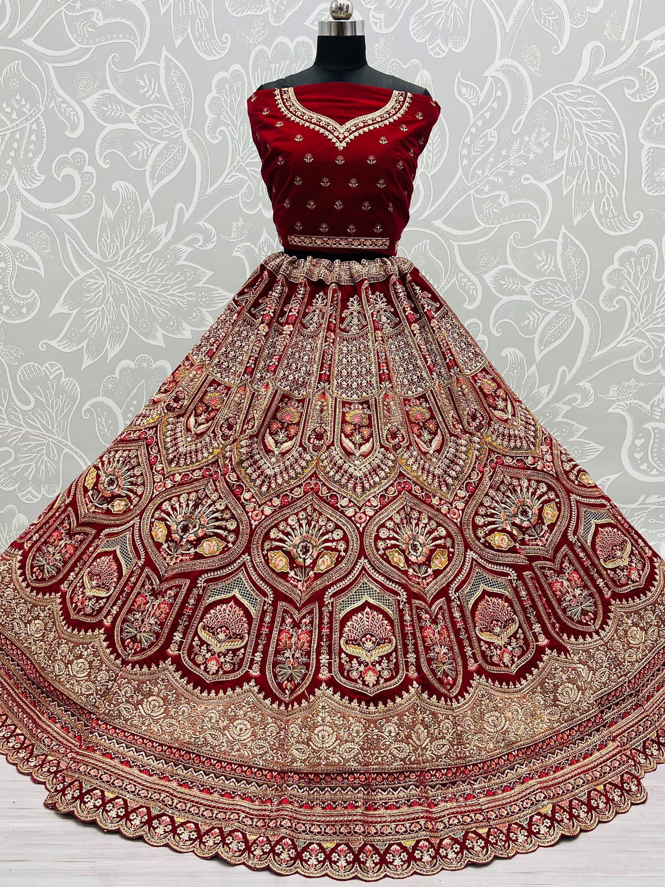 Rani Pink Heavy Embroidered Velvet Bridal Wedding Wear Lehenga Choli