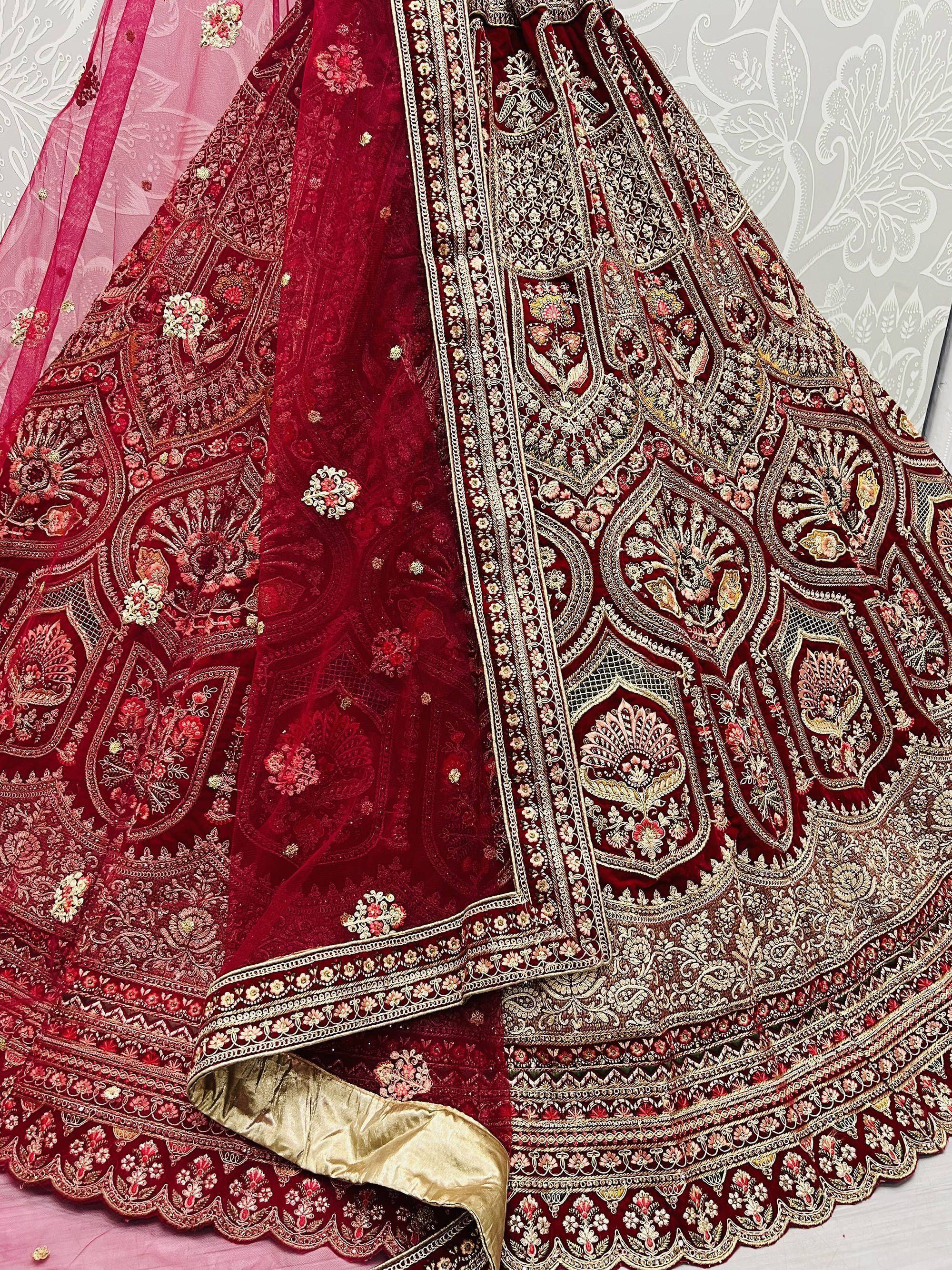 Rani Pink Heavy Embroidered Velvet Bridal Wedding Wear Lehenga Choli