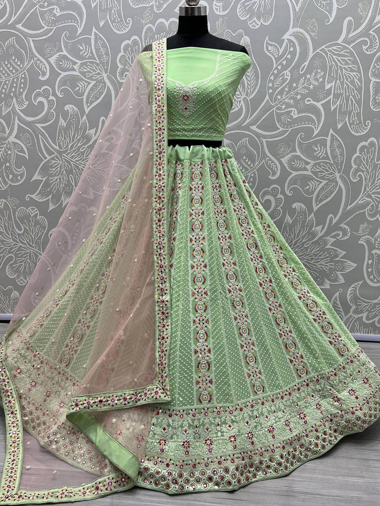 Pista Green Georgette Thread Embroidered Lehenga Choli With Dupatta