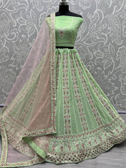 Pista Green Georgette Thread Embroidered Lehenga Choli With Dupatta