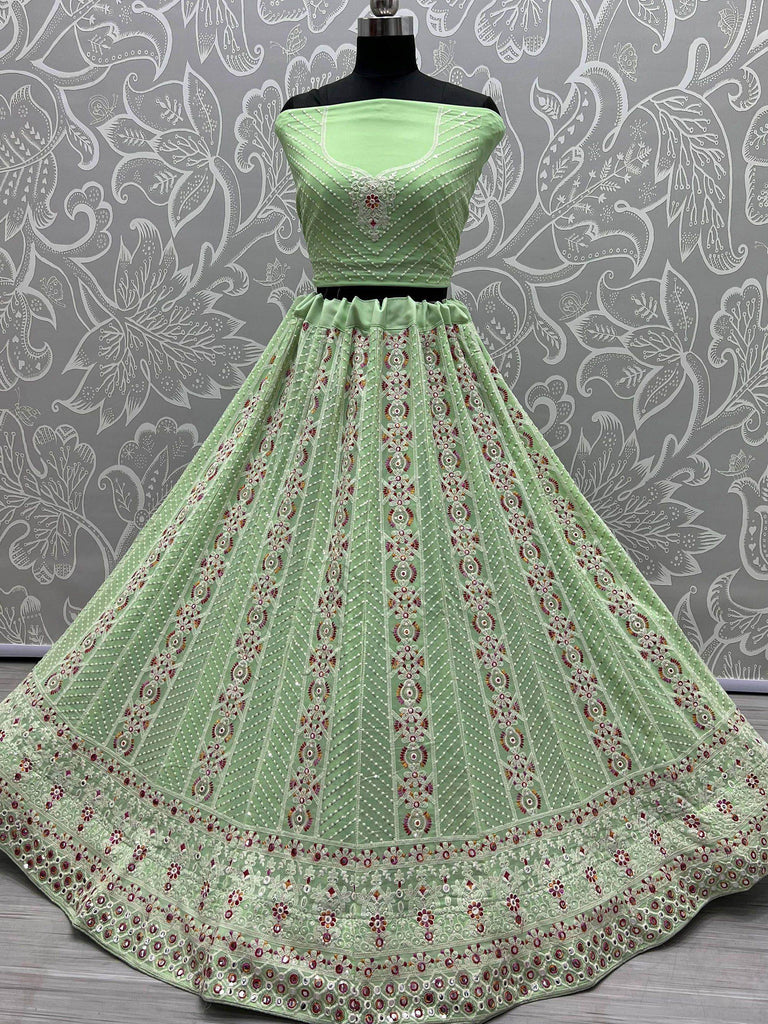 Pista Green Georgette Thread Embroidered Lehenga Choli With Dupatta