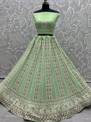 Pista Green Georgette Thread Embroidered Lehenga Choli With Dupatta