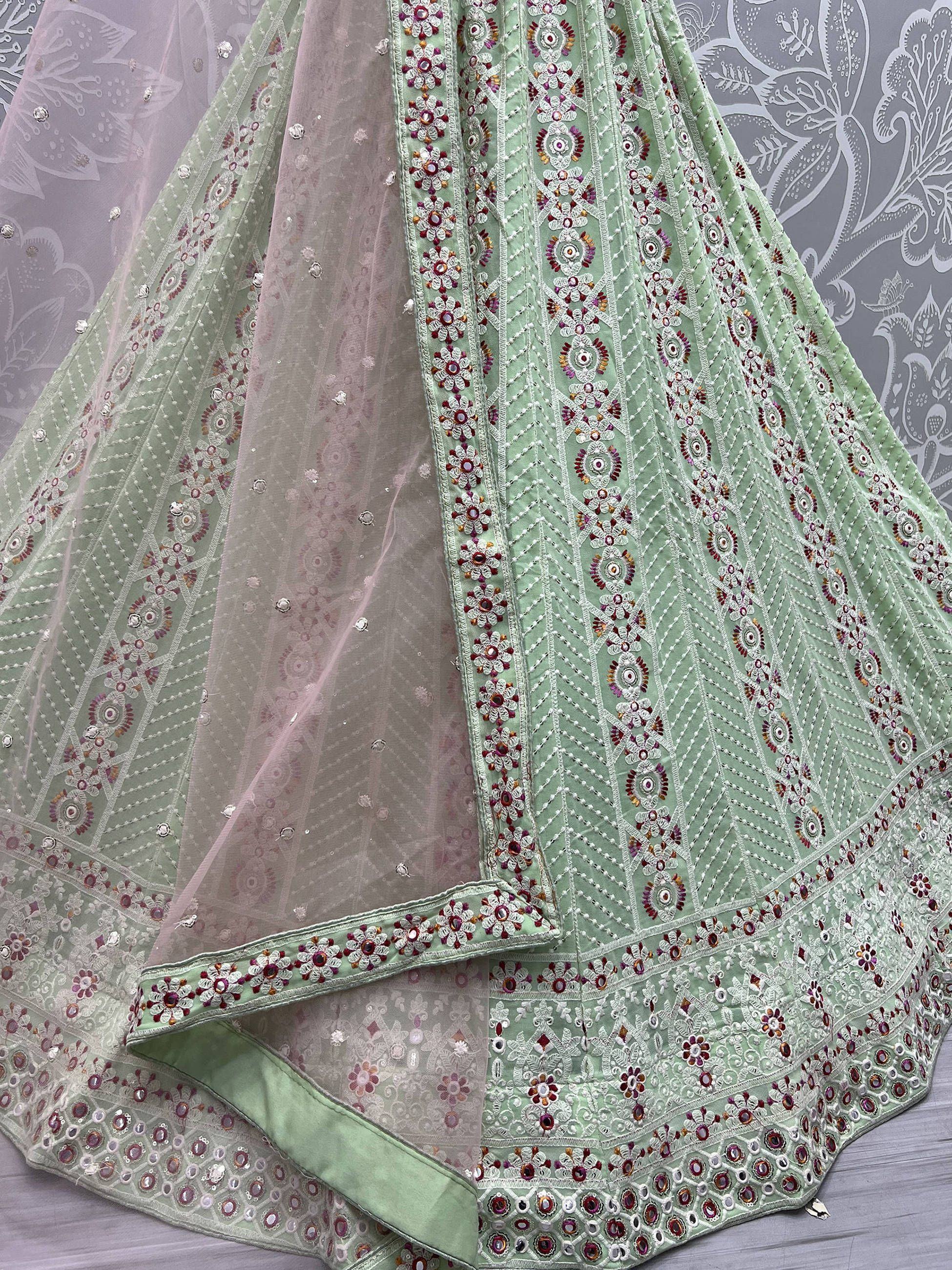 Pista Green Georgette Thread Embroidered Lehenga Choli With Dupatta