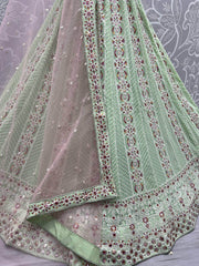 Pista Green Georgette Thread Embroidered Lehenga Choli With Dupatta