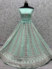 Sky Blue Georgette Thread Embroidered Work Wedding Lehenga Choli