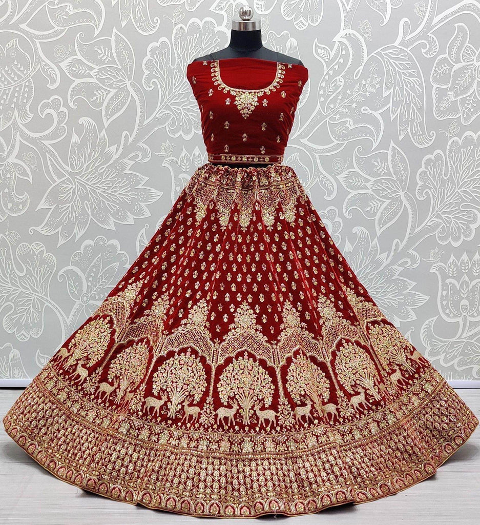 Attractive Red Velvet Thread Zari With Bridal Wear Lehenga Choli