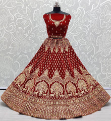 Attractive Red Velvet Thread Zari With Bridal Wear Lehenga Choli