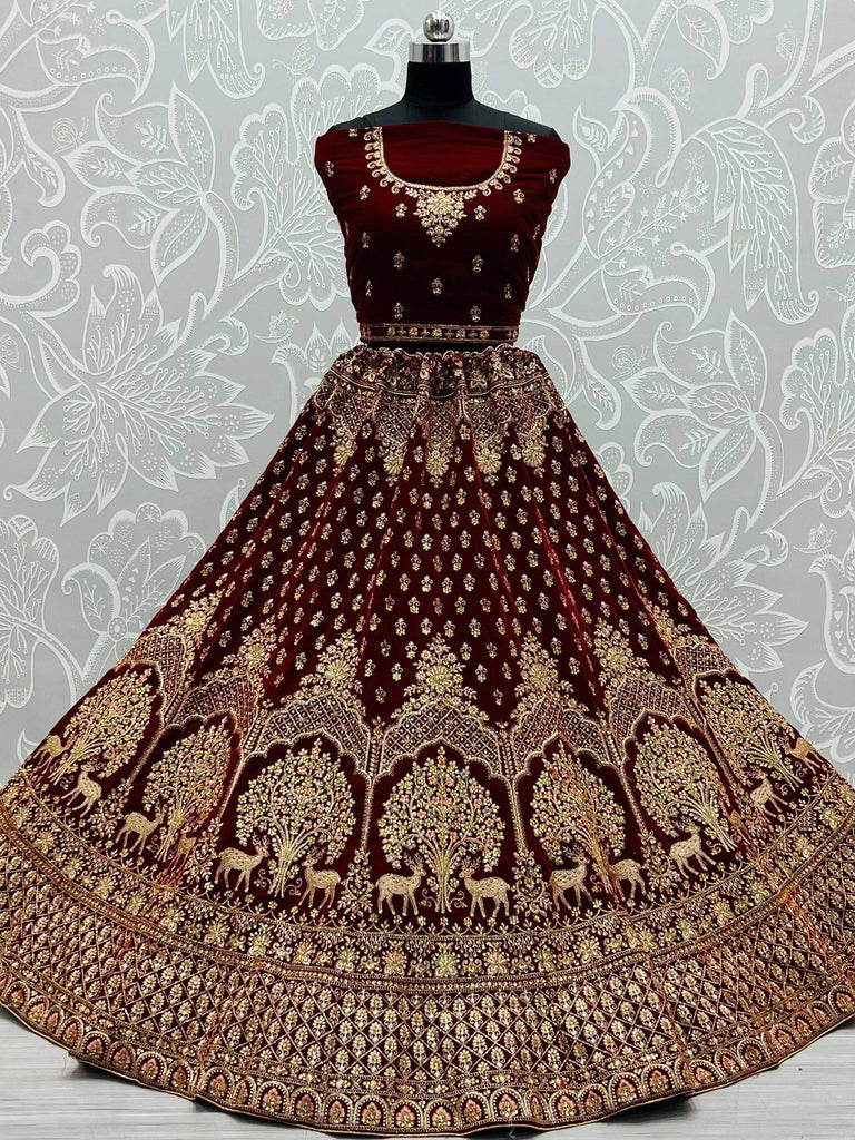 Charming Maroon Velvet Thread Net Dupatta With Bridal Lehenga