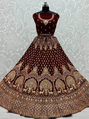Charming Maroon Velvet Thread Net Dupatta With Bridal Lehenga